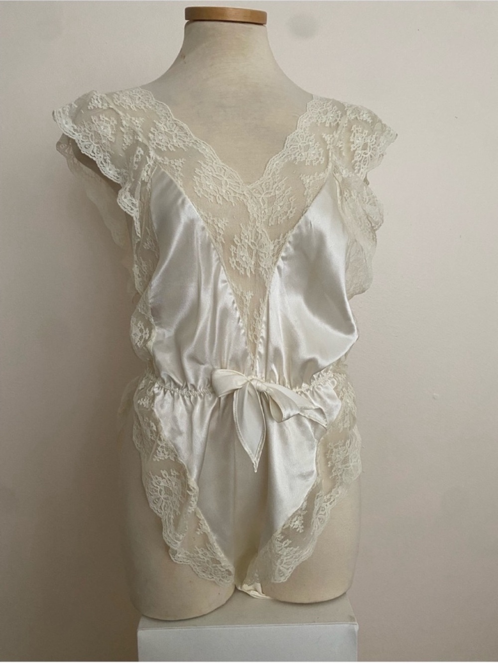 Morgan Taylor Ivory Satin Lace Romper Chemise